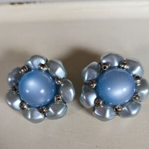 E-019-Vintage Faux Pearl Blue Floral Clip-on Earrings
